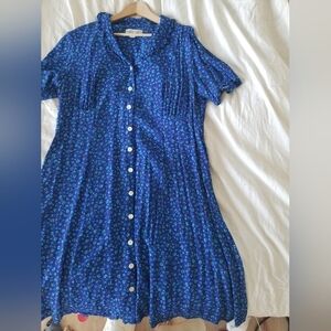 Vintage Blue Floral Collared Button-Down Dress